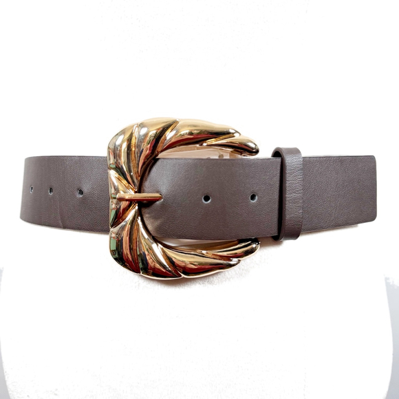 Zara Accessories - Zara Wide Statement Belt Brown Faux Leather Artsy Gold Tone Buckle Boho Size M